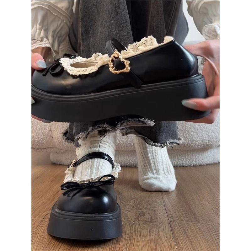 Black Retro Platform Heightening Lolita Small Leather Shoes Women's Spring Sweet Bow Mary Jane Single Shoes