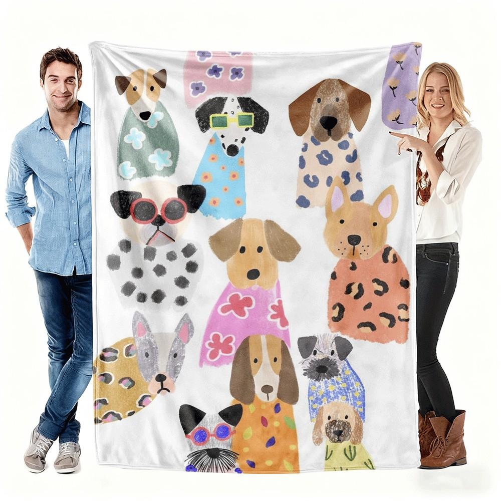 Cute DressedUp Dogs Pattern Flannel printed blanket suitable for all seasons suitable for living room office sofa and travel