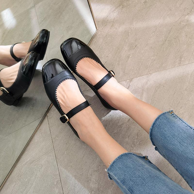 

Xiaoxiangfeng retro color matching square head thick heel Mary Jane shoes women s spring flat bottom 2025 new French leather shoes 40 чёрный
