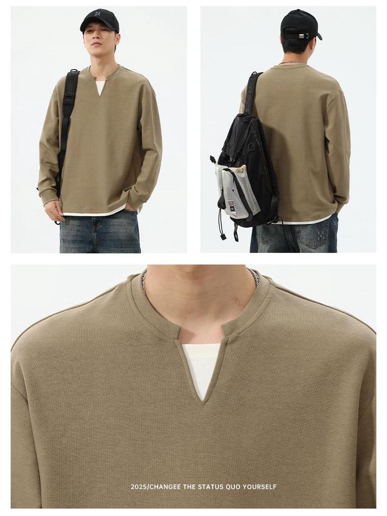 Men's Black Waffle Texture Faux Two-Piece Henley Long Sleeve T-Shirt - Korean College Style for Autumn