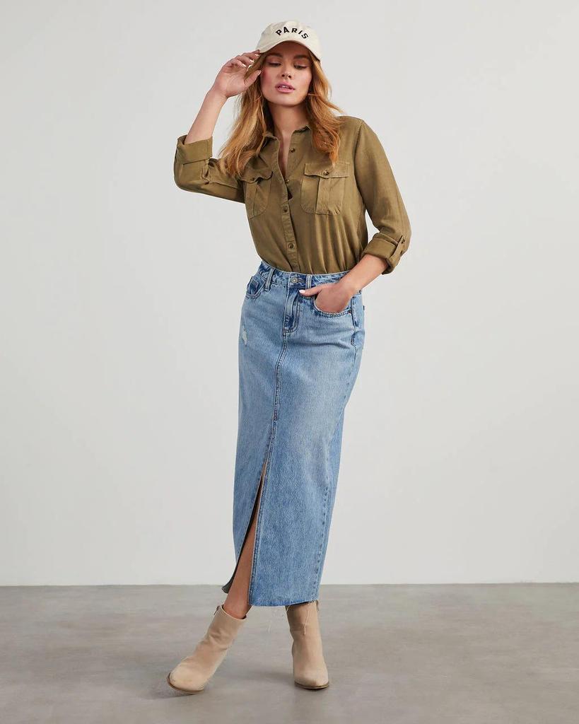 Women's Long-Sleeve Denim Shirt with Turn-Down Collar - Casual, European and American Style (Style 16810)