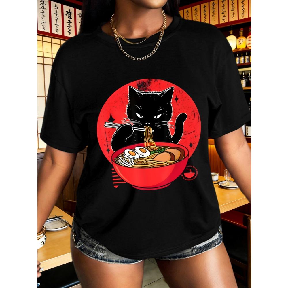 Geniet Van De Kat Van Lamian Noodles Print T-Shirt Dames Zomer Ademend Korte Mouw Hip Hop Kleding Ronde Hals T-Shirt