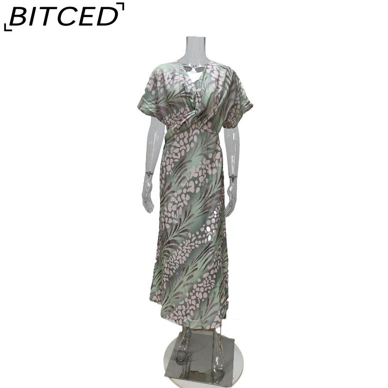 BITCED Damenmode Eng anliegend Bedruckt Gedreht Mittlere Taille Sinnlich V-Ausschnitt Frühling Kleid