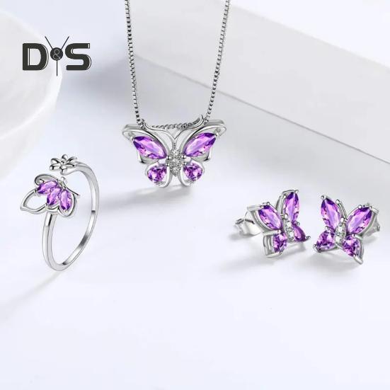 1 Set Jewelry Set Sparkling Rhinestones Inlaid Butterfly Pendant Necklace Ear Studs Opening Ring Set Jewelry Gift