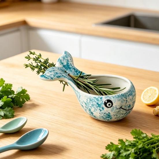 Herb Stripper Bowl Resin Herbal Peeling Bowl with 4 Size Holes Blue Whale Shape Pottery Herb Peeler for Removing Leaves from Thyme Rosemary