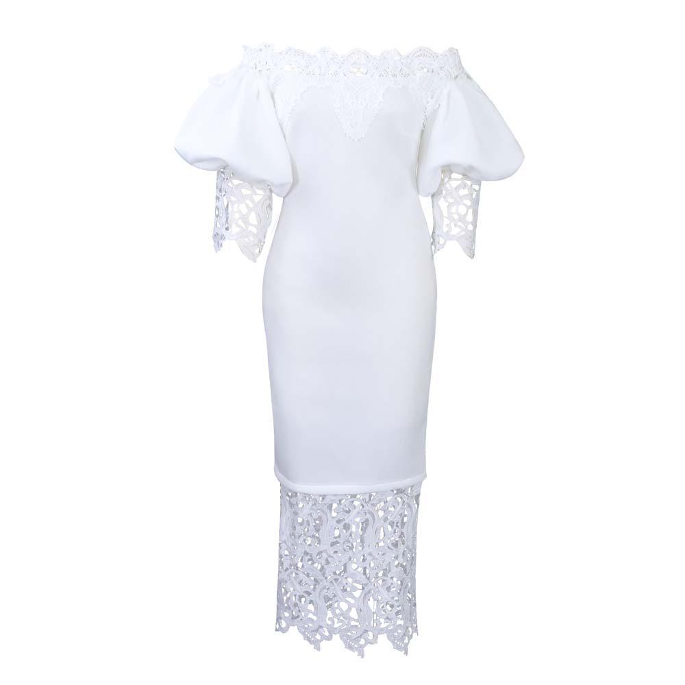 D247 Off-Shoulder Cold-Shoulder Bodycon Dress with Lace Patchwork and Lantern Sleeves