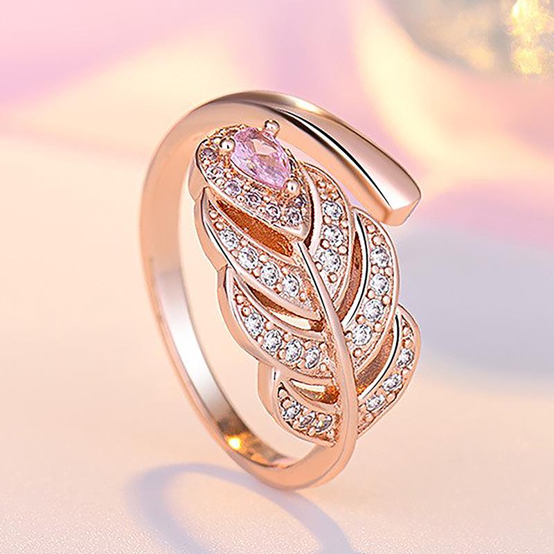 Artistic Leaf Feather Ring with Zircon Inlay - Japanese & Korean Style