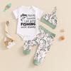 Baby Boy Summer Outfit Letter Print Short Sleeve Romper with Fish Pattern Pants and Hat