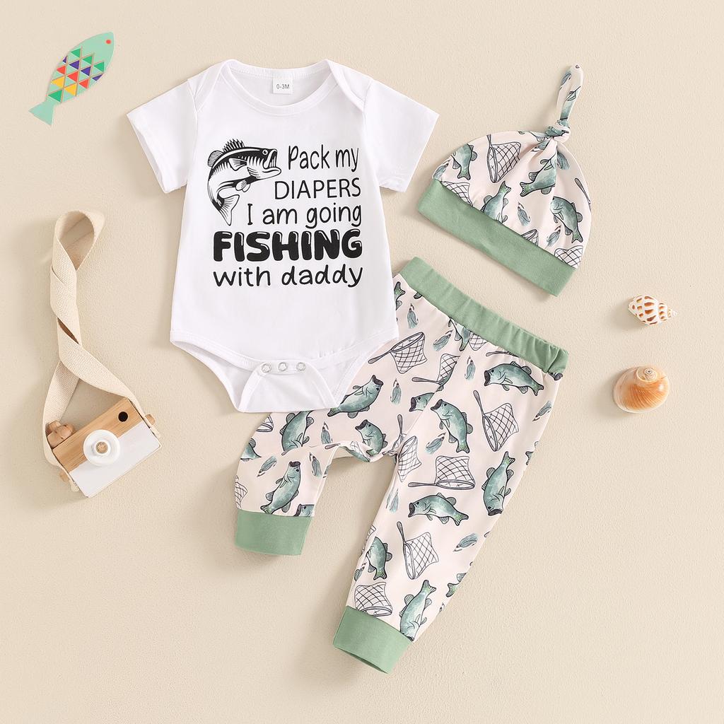Baby Boy Summer Outfit Letter Print Short Sleeve Romper with Fish Pattern Pants and Hat