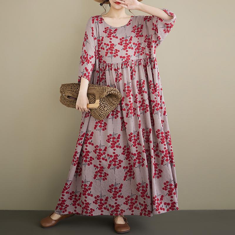 

DIMANAF New 2026 Summer Beach Women Plus Size Lady Long Dress Loose Oversize Maxi Floral Print Cotton Vintage one size