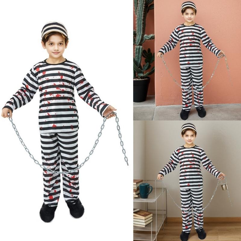 Kids Halloween Prisoner Costume Set With Faux Plastic Chain And Striped Hat For Cosplay Role Play Party