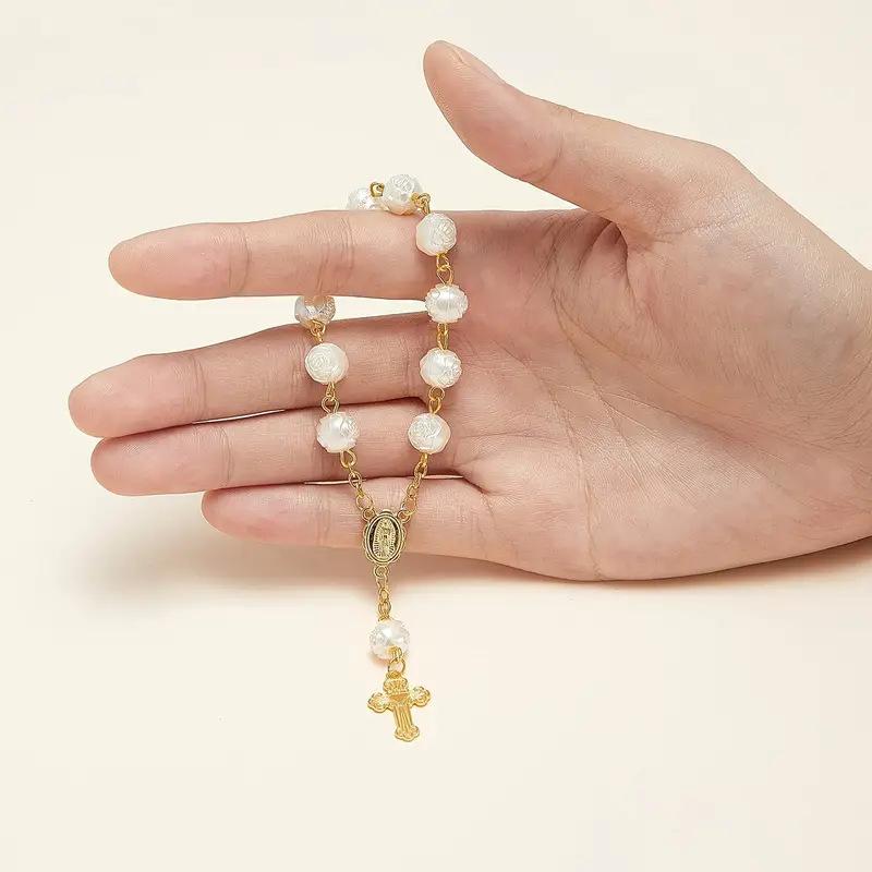 1pc Christening Gift Faux Pearl Bracelets With Cross Pendant Birthday Party Favours Commemorative Gifts For Weddings Women Birthday Wedding Bridal