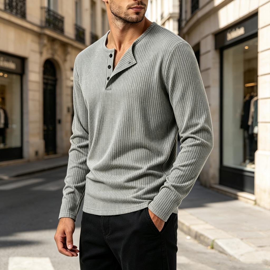 Men's Ribbed Shirt Long Sleeve Pullover Top for Fall Casual Everyday Wear