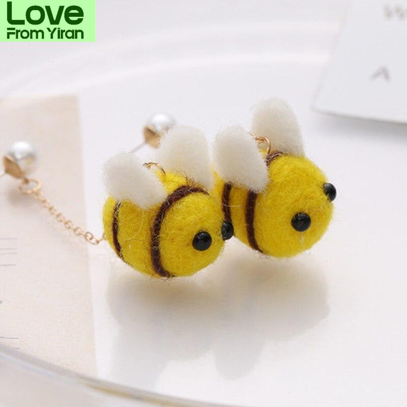 Honey Bee Earrings Girls Kids Cute Style Animal Handmade For Women Wool Long Chain Yellow Small Bumble Bee Earings DangleCute Chain