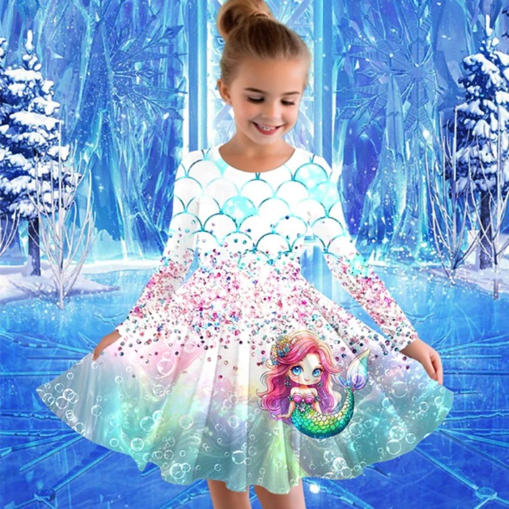 Girl Casual 3D Mermaid Print Round Neck Long Sleeve Dress Kid Princess Dress 80