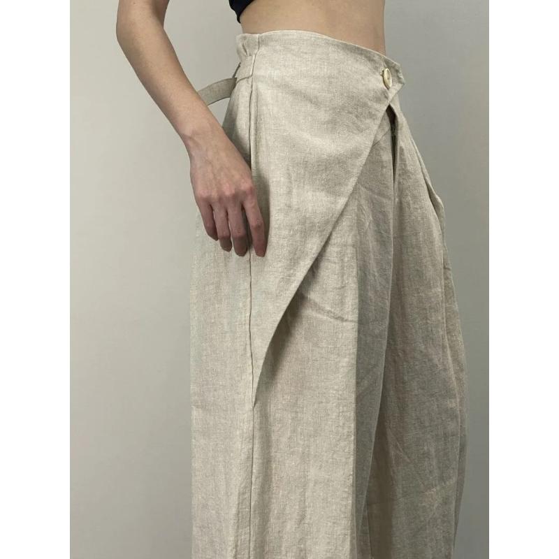 Chic Fashion Women Casual Pleated Wide Leg Pants Linen Texture All Match Loose High Waist Trousers Mujer Pantalones