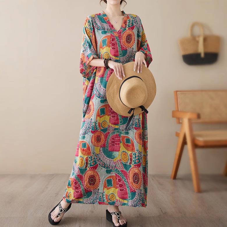Summer Plus Size Loose Fit Vacation V-Neck Short Sleeve Maxi Dress Women Beach
