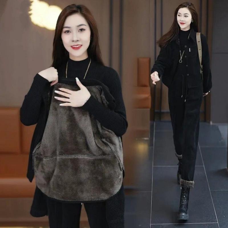 Women's Fall and Winter Padded Thickened Suit Leisure Temperament Warm Jacket + Pants Two-piece Set