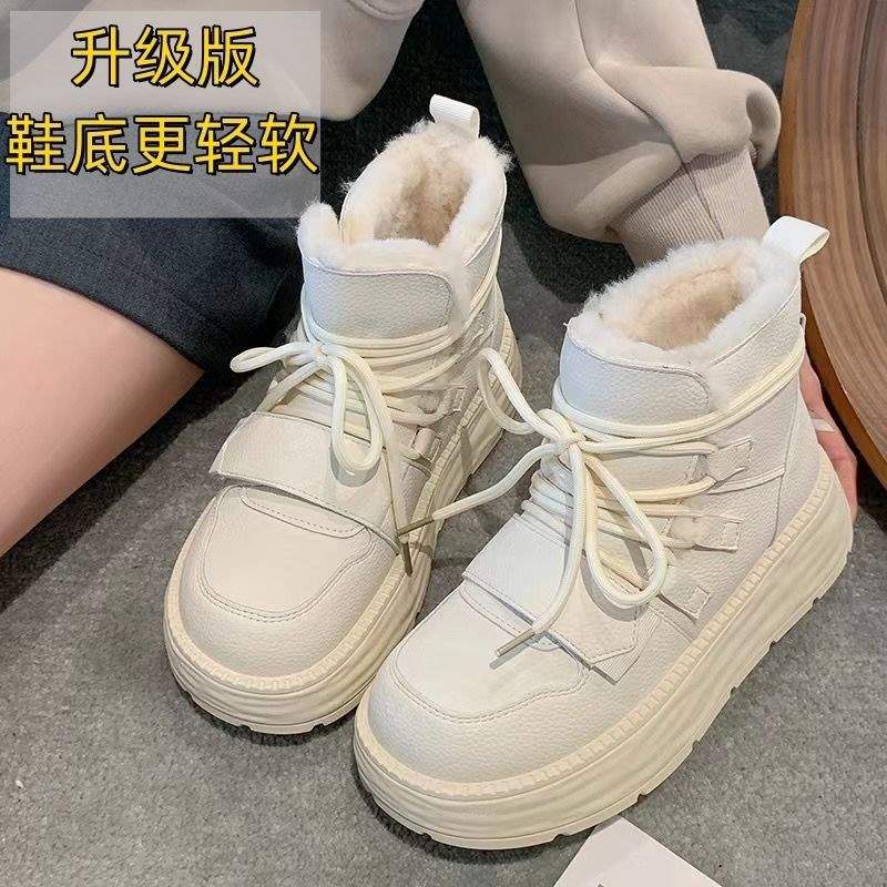 Brand Real Soft Leather Thickened Warm Snow Boots Women's 2025 Korean Version Lace-up Thick-soled Large Cotton Shoes Velvet Short Boots