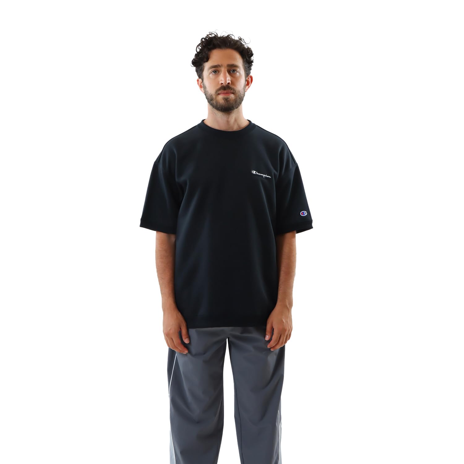 

Champion Terry Short Sleeve Crew Neck with a Script Short and Quick Men s Techweave® Sweatshirt, Black, C3-ZS001, Logo, Sleeves, Drying. чёрный