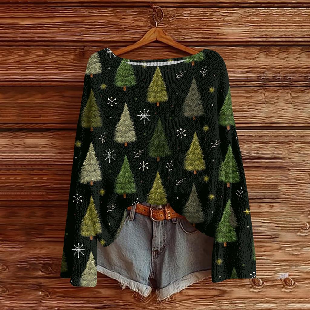 Women's Fashionable Oversized Knitwear Long-Sleeved Christmas Print Top