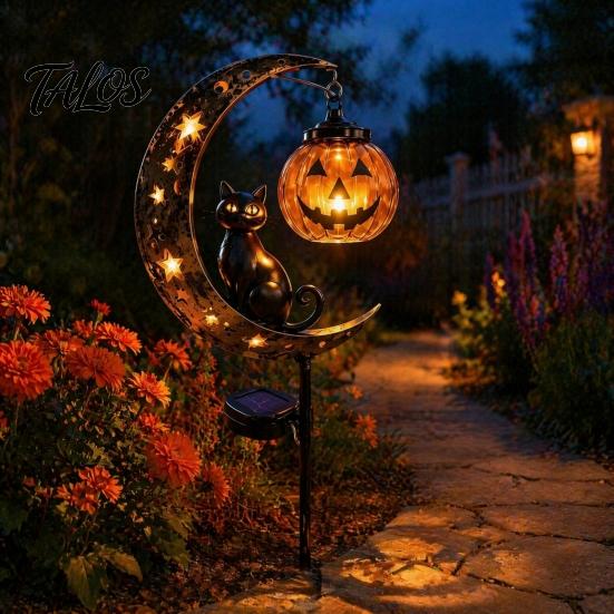 Solarbetriebene Outdoor-Halloween-Dekoration Schwarze Katze Mond-Erdspieß-Licht, Metall-Kürbis-Laterne mit Dekorativen Lichtern für Garten Warmes Leuchten, Gruselige Hof-Terrasse