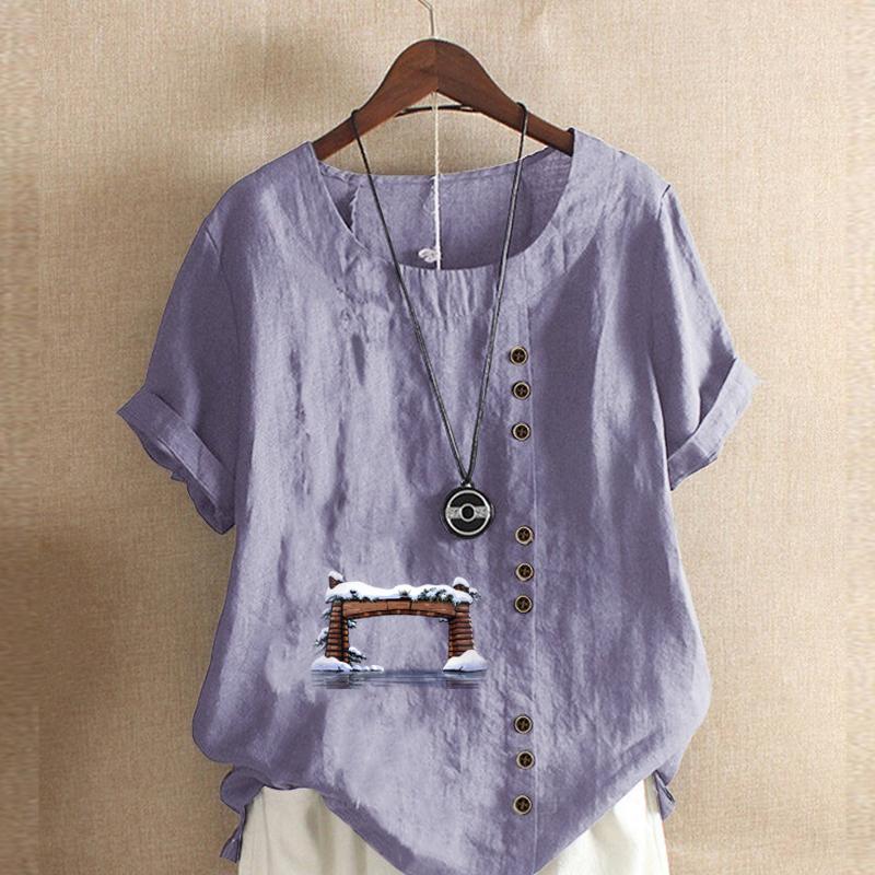 Women's Fashion Round Neck Short Sleeve T-shirt Casual Cotton Linen Graphic Shirt Leisure Loose Door Prined Summer Blouse Tops