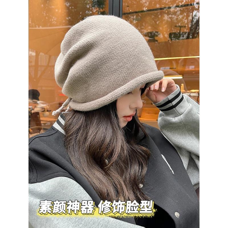 Pile Hats Female Autumn and Winter Show Face Small Bag Head Cold Hat Big Head Circumference Drawstring Crimped Knitted Wool Hat