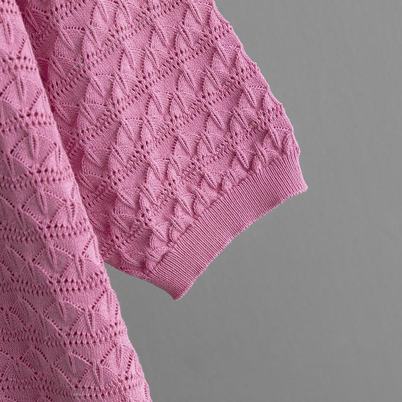 QICED Letní jednobarevný vyšívaný ležérní módní set s kulatým výstřihem, krátkým rukávem a dlouhými kalhotami, pletený dvoudílný set