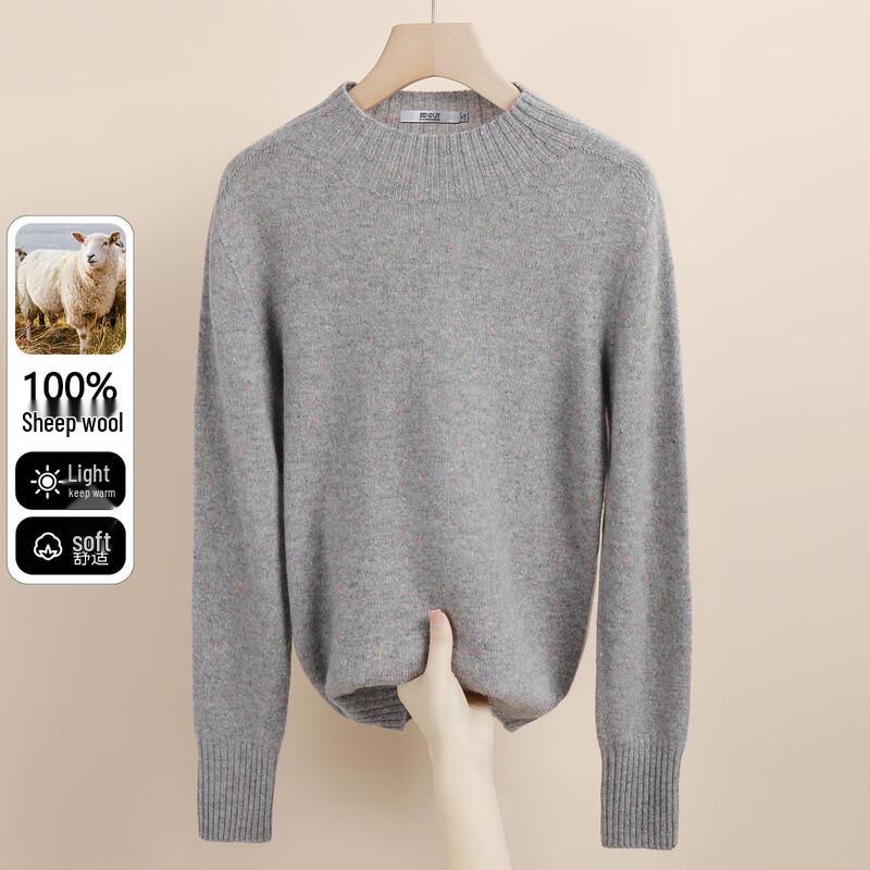 SNOWFLYING Women s 100% Merino Wool Seamless Knit Polka Dot Semi-High Neck Sweater L