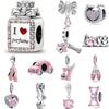 Pingentes Contas Prata 925 Rosa Frasco de Perfume Pata Mãe Laço Carro Gato Pinguim Sapatos Contas Encaixe Pulseiras DIY Joias