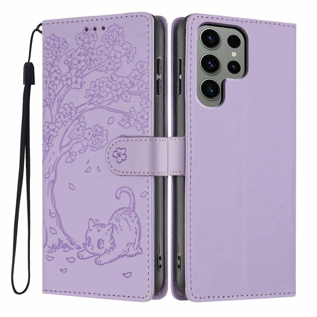 For Samsung Galaxy S24 Ultra Stand Case Tree-and-Cat Pattern PU Leather Wallet Protective Phone Cover with Wrist Strap