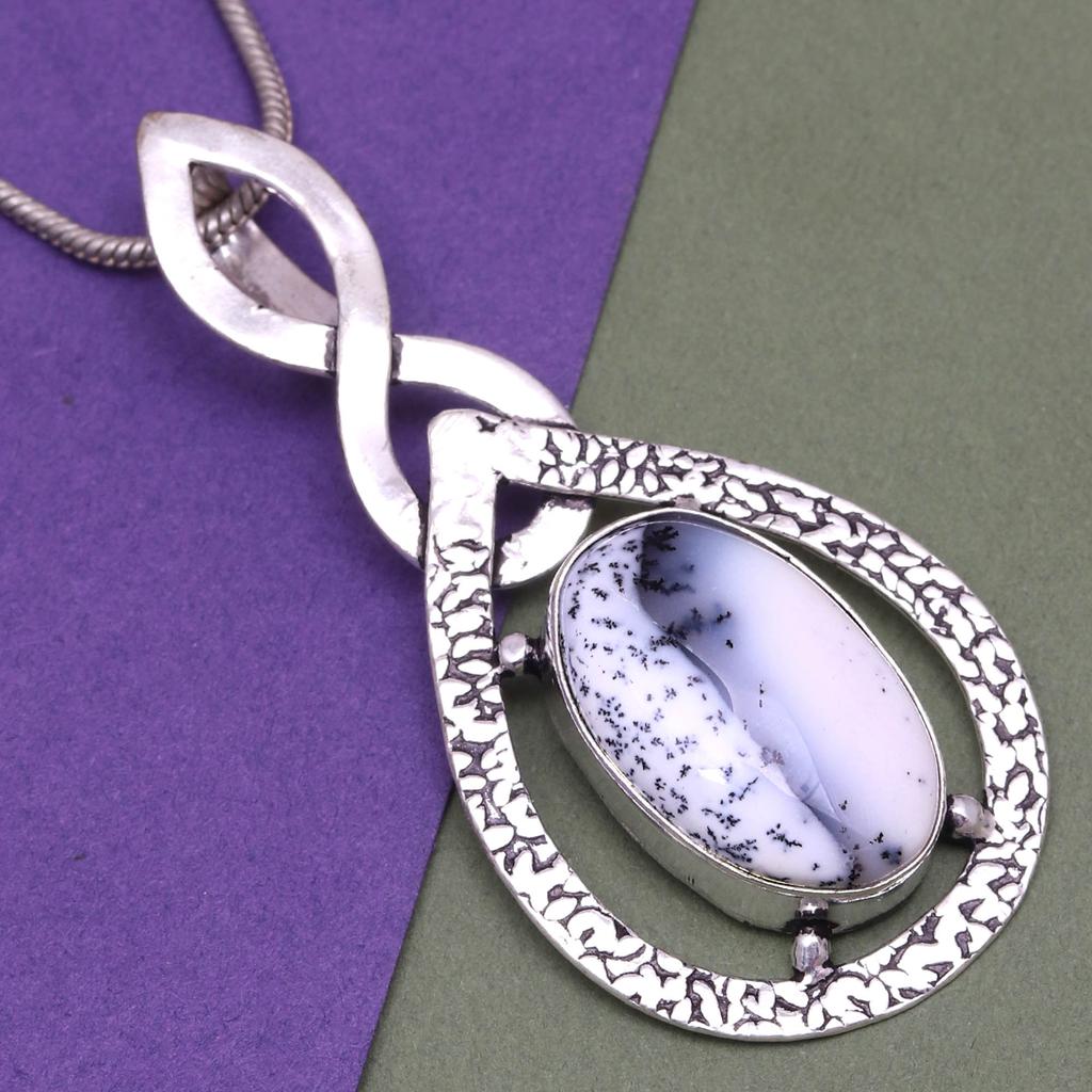 Opal Pendant Gemstone Silver 2.5" Jewelry  Dendritic Handmade Ethnic