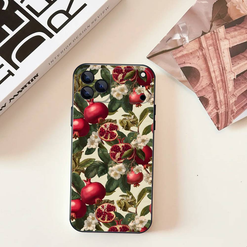 Pomegranate Flower Pattern For iPhone 17,16,15,14,13,12,11,Pro,Max,Plus,E,SE4,Air,Mini Black Soft Cover Phone Case