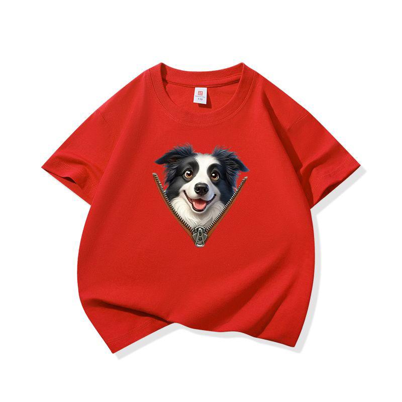 Kids Cotton T Shirt Adorable Collie Dog Zipper Print Crew Neck Short Sleeve Tee Casual Breathable Boys Girls Summer Tops