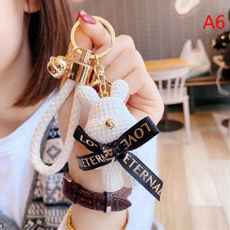 Cute Resin Woolen Little Bear Bow Rabbit Keychain Holiday Car Key Ring For Girls Creative Gift Weaving  Doll Bag Pendant