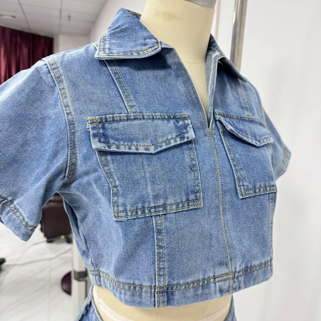 Doppelreihiger V-Ausschnitt Pullover Denim Top & Hochtaillierter Denim Rock Set