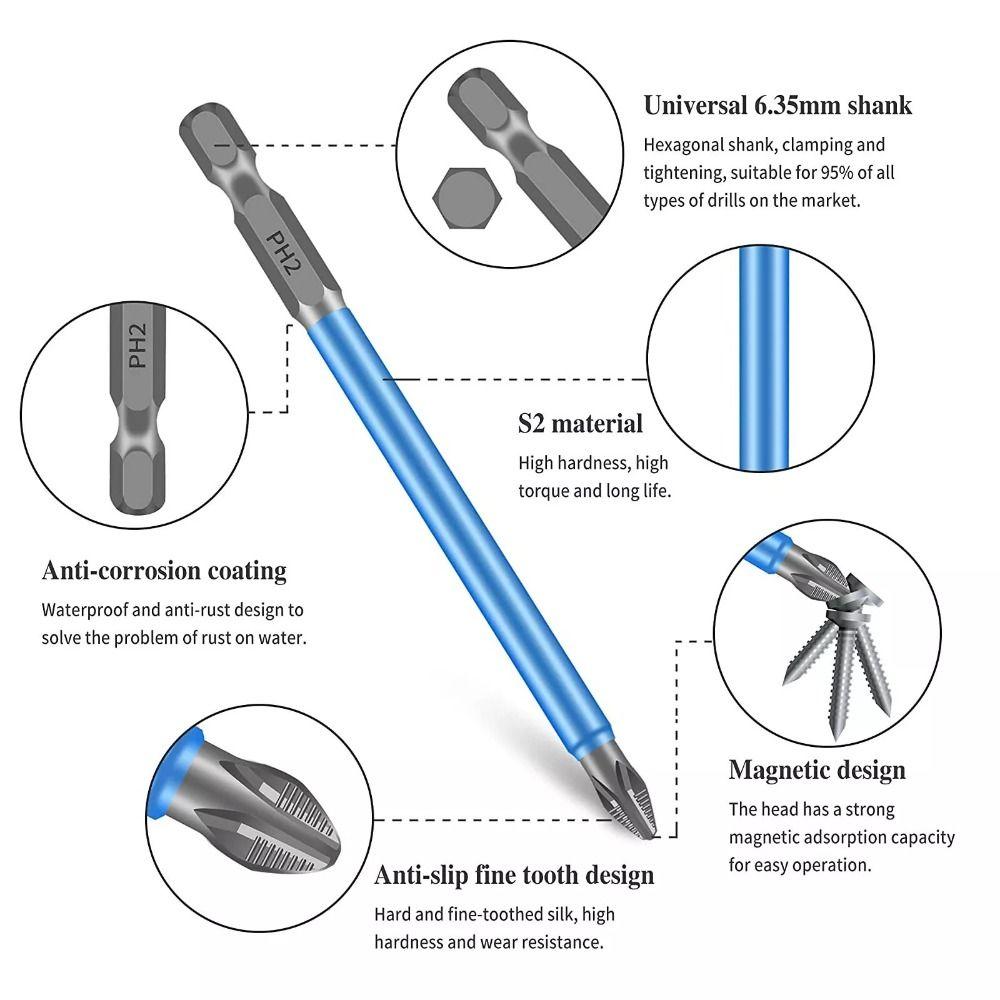 7PCS/Set Hex Shank Cross Bit Anti-Slip Wear-resistant Magnetic Screwdriver Bit Set High Hardness PH2 Screwdriver Bits Hand Tools