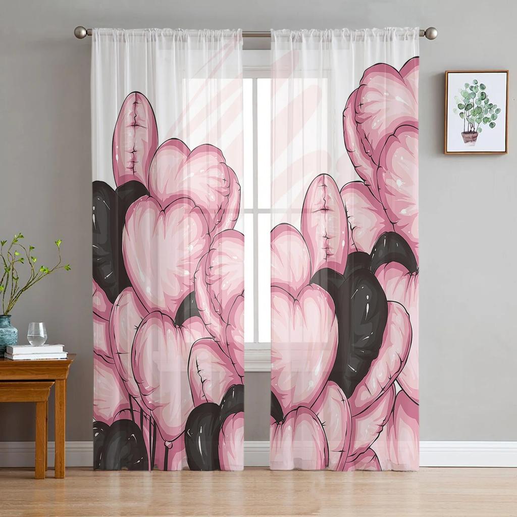 Valentine'S Day Pink Love Balloons Tulle Curtains for Living Room Sheer Curtain for Bedroom Kitchen Blinds Voile Curtains
