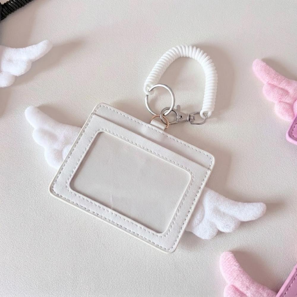 PU Leather Kpop Photocard Holder 2 Card Slot Photo Display Credit ID Card Protective Case Angel Wings Keychain Card Bag