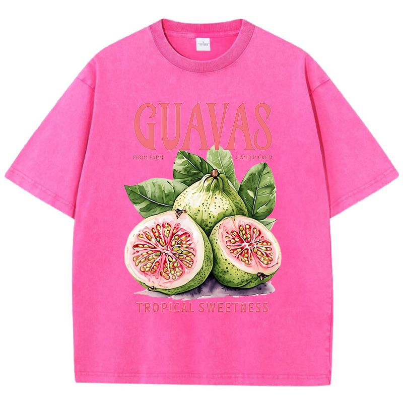 Guavas Tropical Sweetness Printed Washed T Shirts Womens Cotton Tops Comfortable Distressed ONeck Streetwear Summer Clothes
