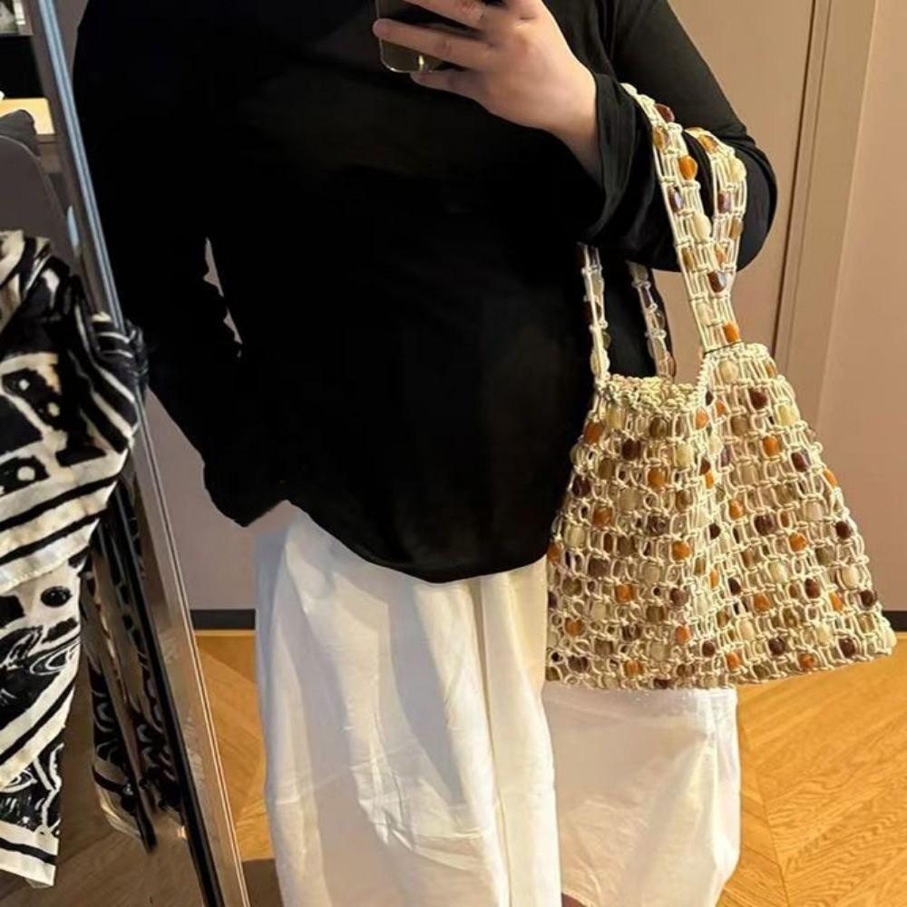 Creative Summer Woven Bead Bag Hollow-out Breathable Tote Bag Bohemian Large Capacity Shoulder Bag Women Daily Use