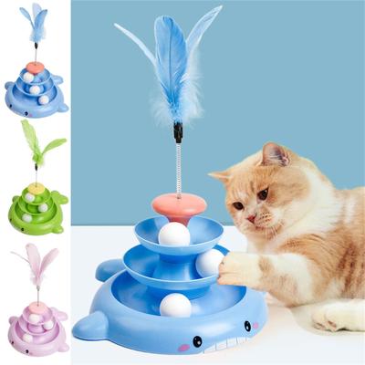 Interactive Cat Toys For Indoor Cats, 3 Level Turntable Cat Toy Ball Track & Funny Cat Stick Toy, Cat Roller Toy