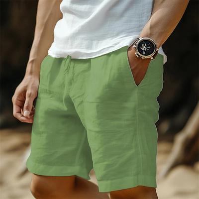 Men's Cotton-Linen Blend Fashion Beach Solid-Colour Drawstring Elastic Waist Straight-Leg Breathable Casual Shorts