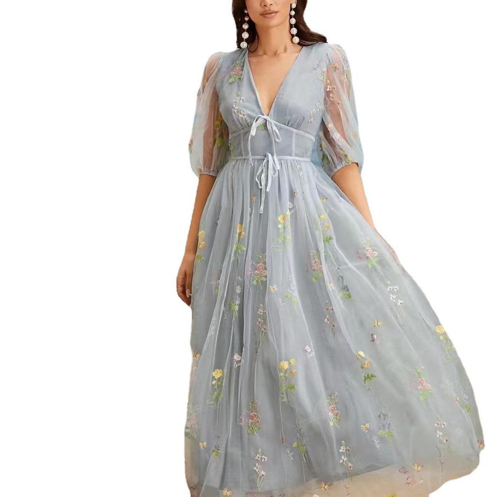 European Embroidered Multi-Color Floral Tulle Wedding Dress