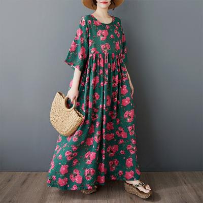 Summer Women Printed Round Neck Shoulder Sleeve Dress Female Casual Loose Comfortable Women Dresses