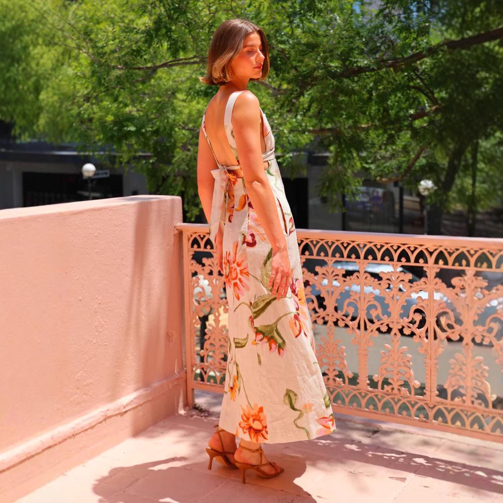 Summer 2025 European & American Vacation Style Backless Print Long Suspender Dress