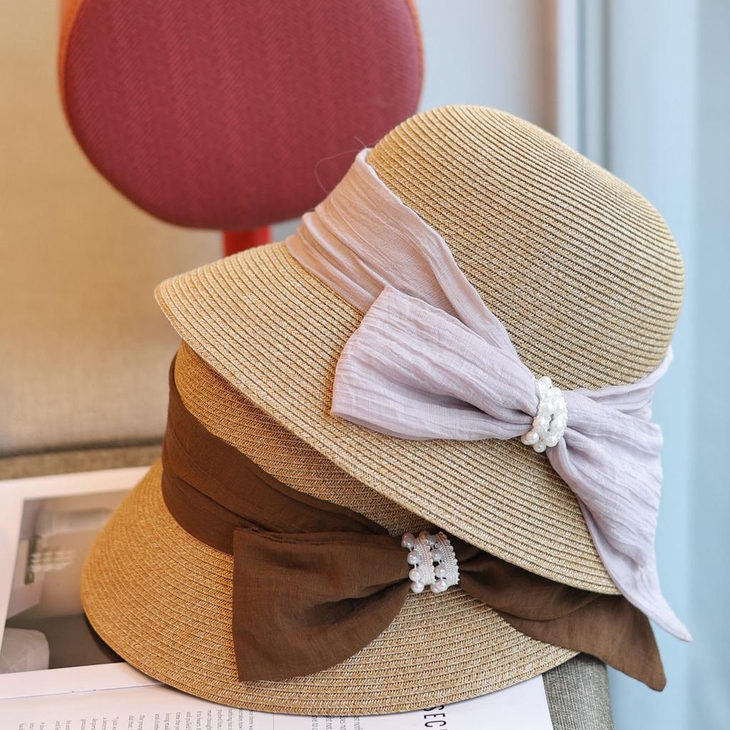 Spring and Summer Hemp Bow Temperament Straw Pot Hat French Elegant Pearl Vacation Sun Protection Bucket Hat Women