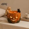 Holiday Gift for Cat Lovers Halloween Pumpkin Candle Holder Resin Ghost Black Tea Light Hollow Starlight Shadow Lamp Stand Retro Distressed