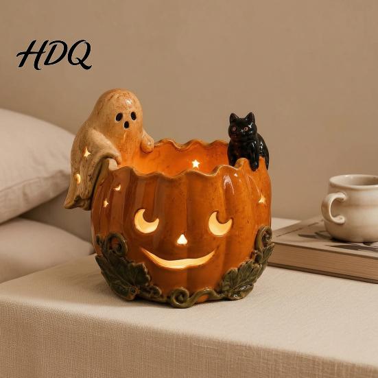Holiday Gift for Cat Lovers Halloween Pumpkin Candle Holder Resin Ghost Black Tea Light Hollow Starlight Shadow Lamp Stand Retro Distressed